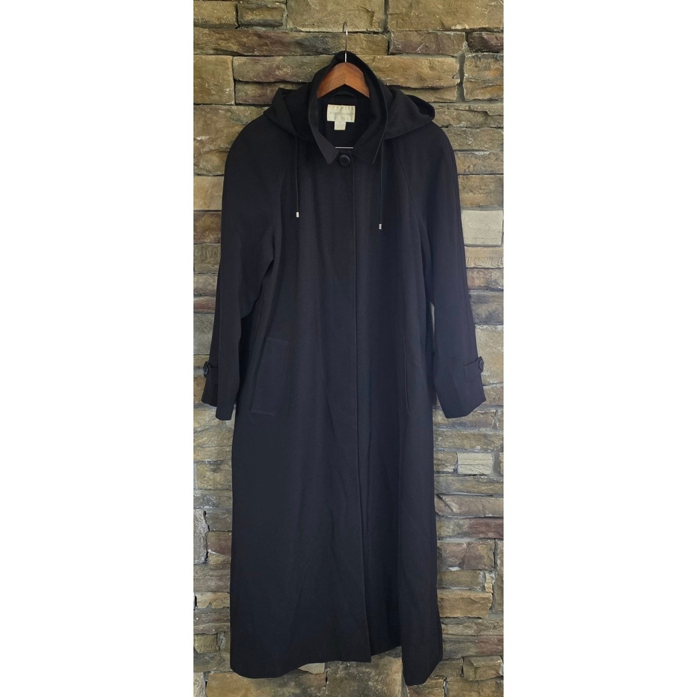 VTG Whimsigoth Dark Academia Belle Black Hooded Longline Trench Coat Size 14